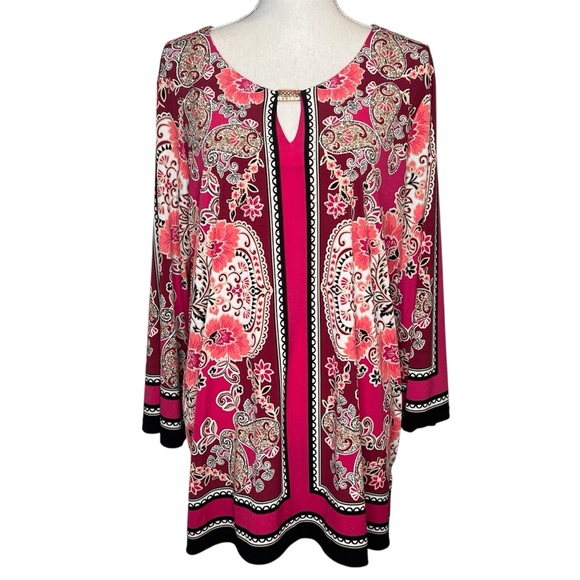 JM Collection Tops - JM Collection Woman Pink Burgundy Sequin Paisley Floral Print Tunic Top Size 1X